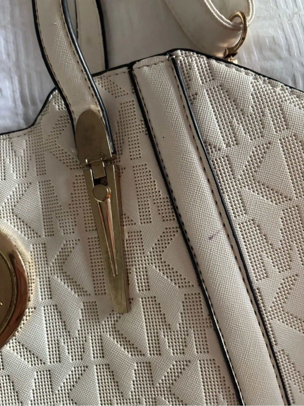 Michael Kors Cream MK Logo Tote with Gold-Tone Medallion